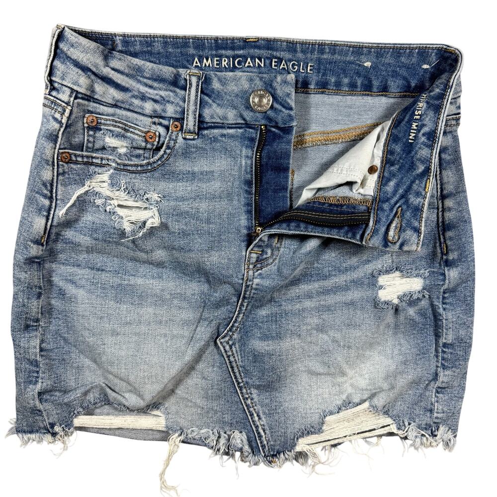 American Eagle Women's Curvy High Rise Super Stretch Distressed Jean‎ Skirt - 4 - Picture 3 of 9